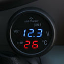 3 in 1 12/24V Car Auto LED Digital Voltmeter Gauge+Thermometer+USB Charger Blue