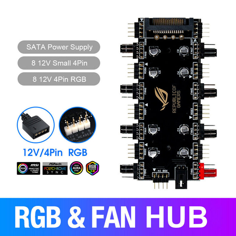 1 to 8 Multi Way Splitter RGB PWM Hub Speed Controller Adapter (12V 4Pin) Newly