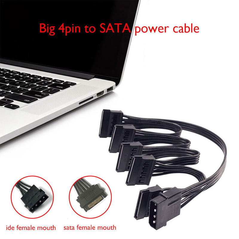Molex 4 Pin Male to SATA 15 Pin Female Power Supply Cable 1 to 5 Cord 30 Inch