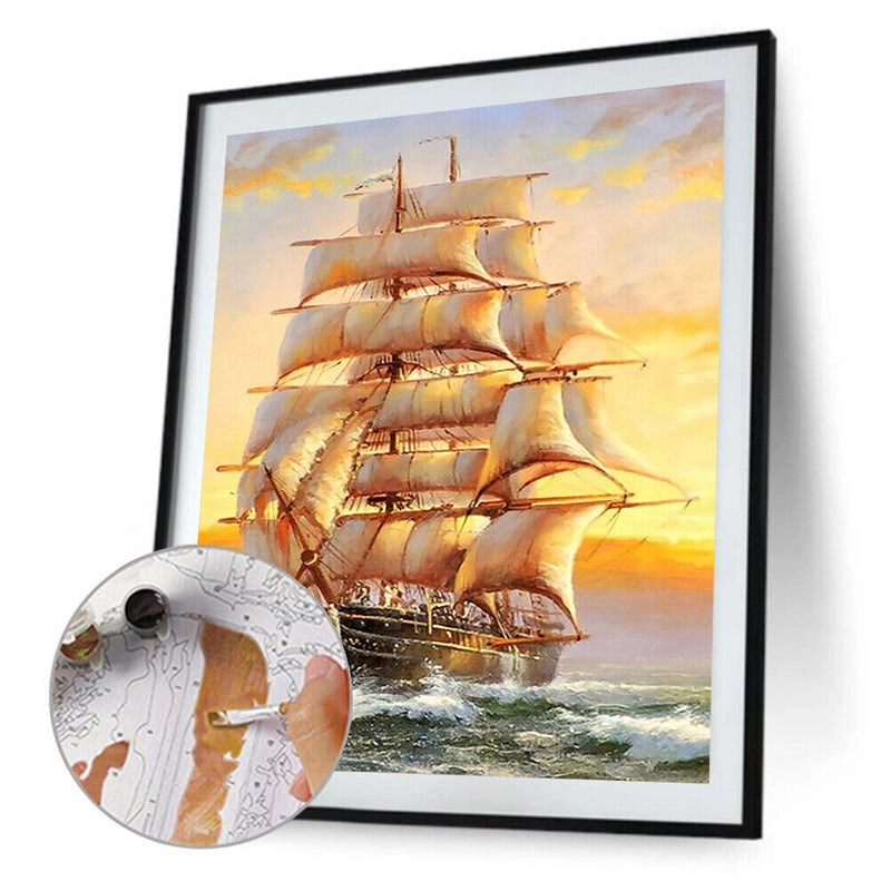Canvas Painted Oil Paint By Numbers Sailing Boat Wall Art Modern Bedroom Decor