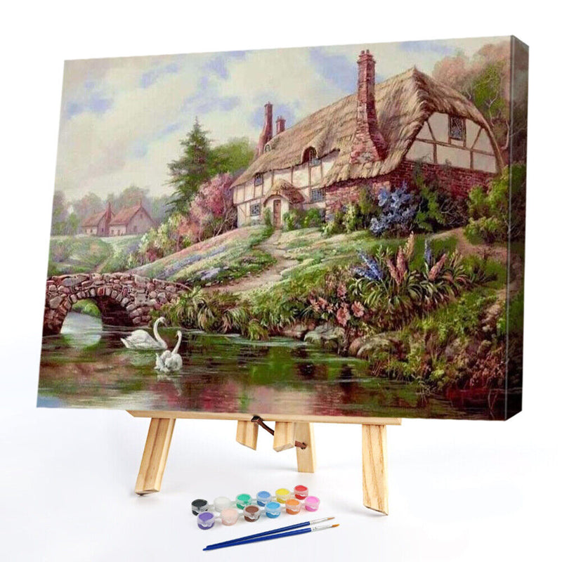 Frameless Oil Paint By Numbers Cottage Country DIY Canvas Picture Craft Kit