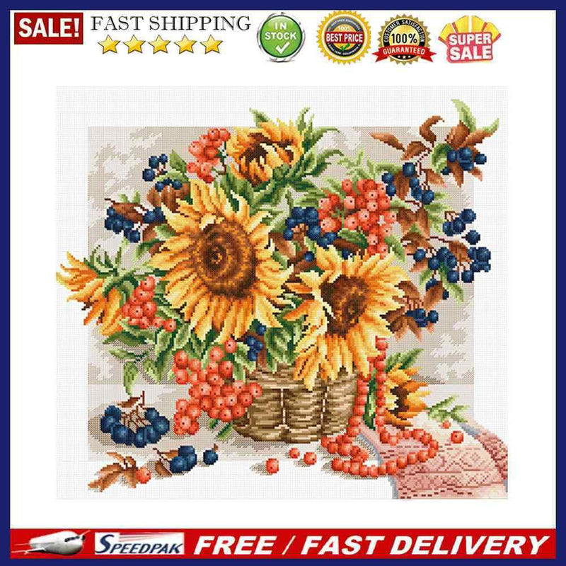 11CT Full Cross Stitch Sunflower Basket Counted DIY Embroidery Kit Cotton T