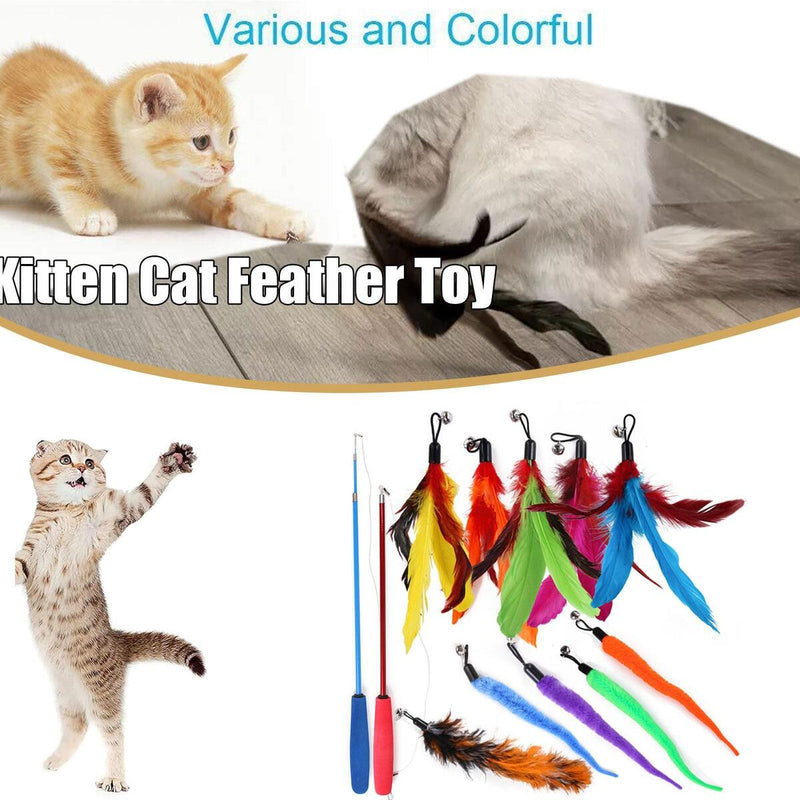 12x Kätzchen Katze Feder Spielzeug Glocke Zauberstab Teaser Rod Interactive Pla.