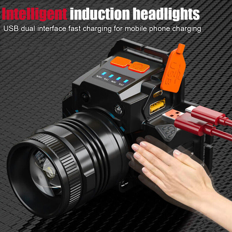 LED Headlamp Power Bank Wave Induction Waterproof Headlight for Camping Hiking