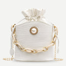 Fashion Women Drawstring Bucket Bag Alligator PU Chain Casual Crossbody Handbag