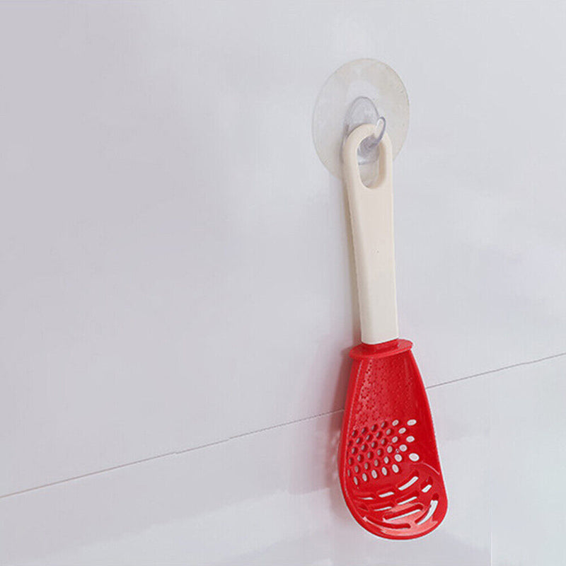 Multifunctional Spoon Potato Garlic Press Colander Cooking Tools (Red)