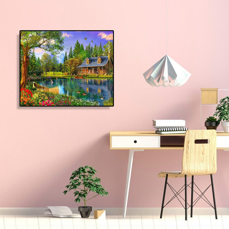 Painting By Numbers Kit DIY Lakeside Cottage Canvas Oil Art Picture Craft