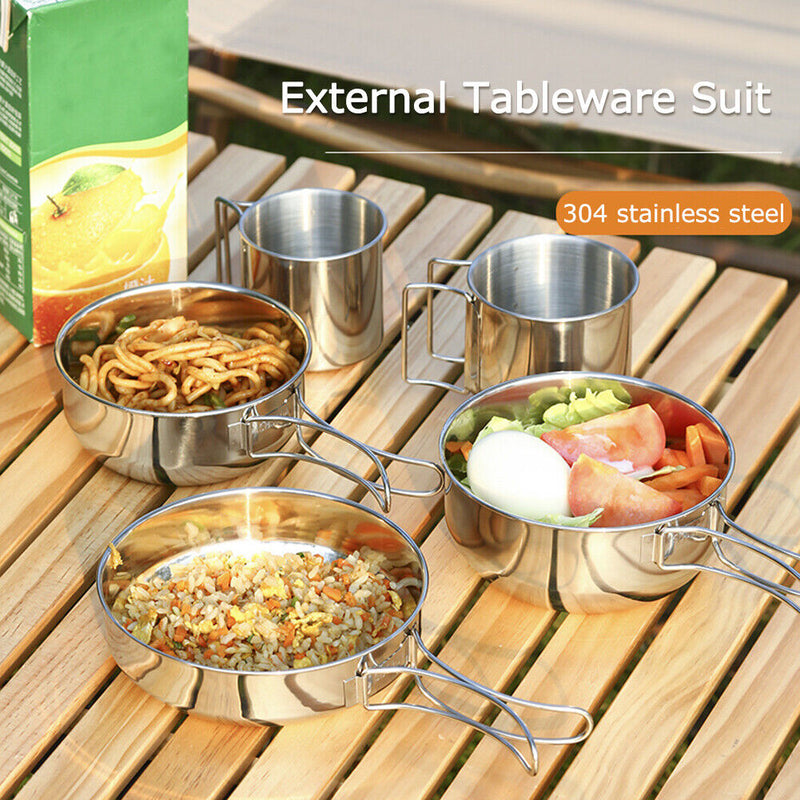 5 Piece Camping Tableware Set Stainless Steel Portable Cup Bowl Pot Tableware