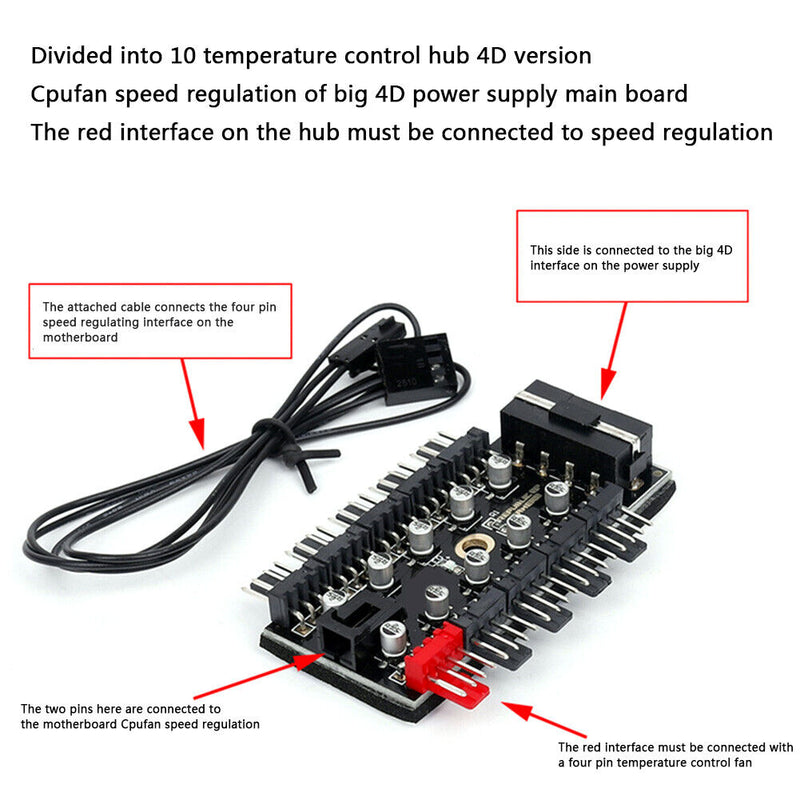 1 to 10 4Pin PWM Cooling Fans HUB PC Large 4D Port Power Speed Controller