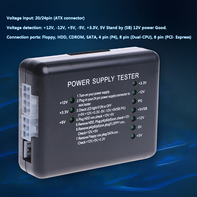 Portable Computer 20/24 Pin ATX SATA HDD Power Supply Tester Checker Meter Newly