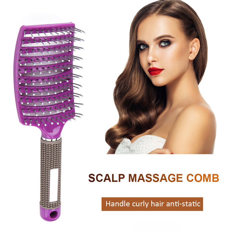 Portable Curved Ribs Scalp Massage Comb Fluffy Styling Brush (A Purple)