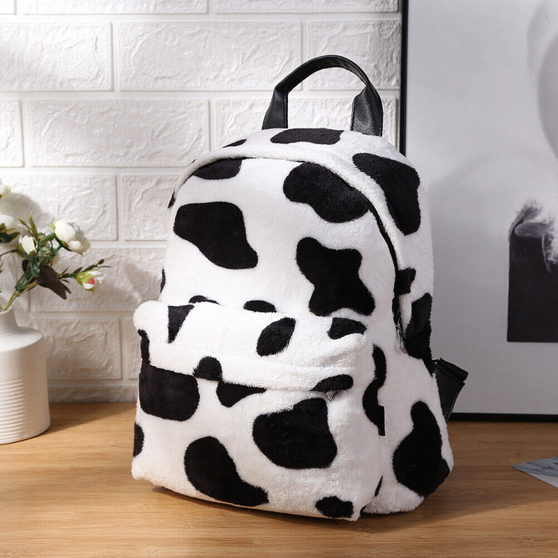 Fashion Winter Fluffy Women Soft Plush Printed Cow Backpack Girls School Bags
