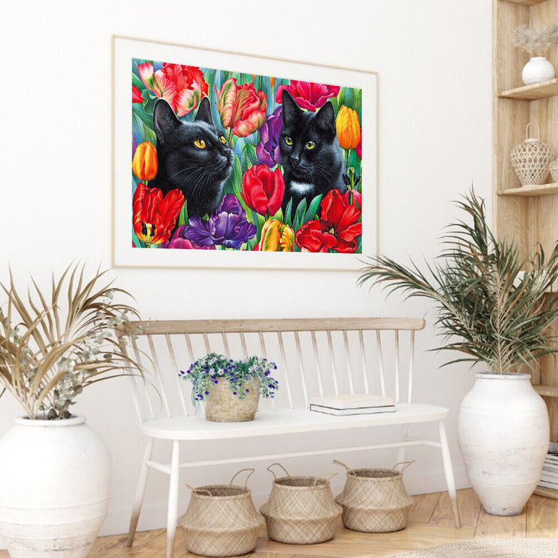 Black Cat in Flowers Oil Paint By Numbers Kit DIY Acrylic Painting Picture