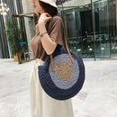 Women Color Patchwork Woven Round Straw Rattan Bag Shoulder Crossbody Handbag