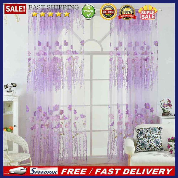 Offset Printing Sheer Curtain Yarn Tulle Window Screen Voile Panel(Purple)