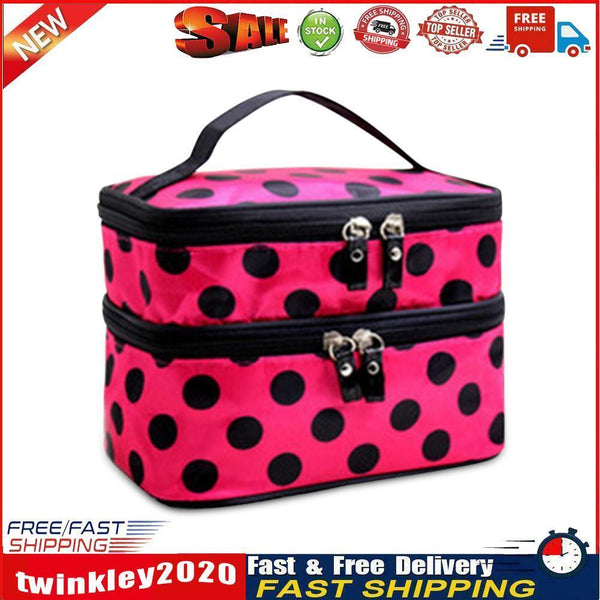 Double Layer Cosmetic Bag Travel Makeup Storage Case (Red+Black Dot) Newly