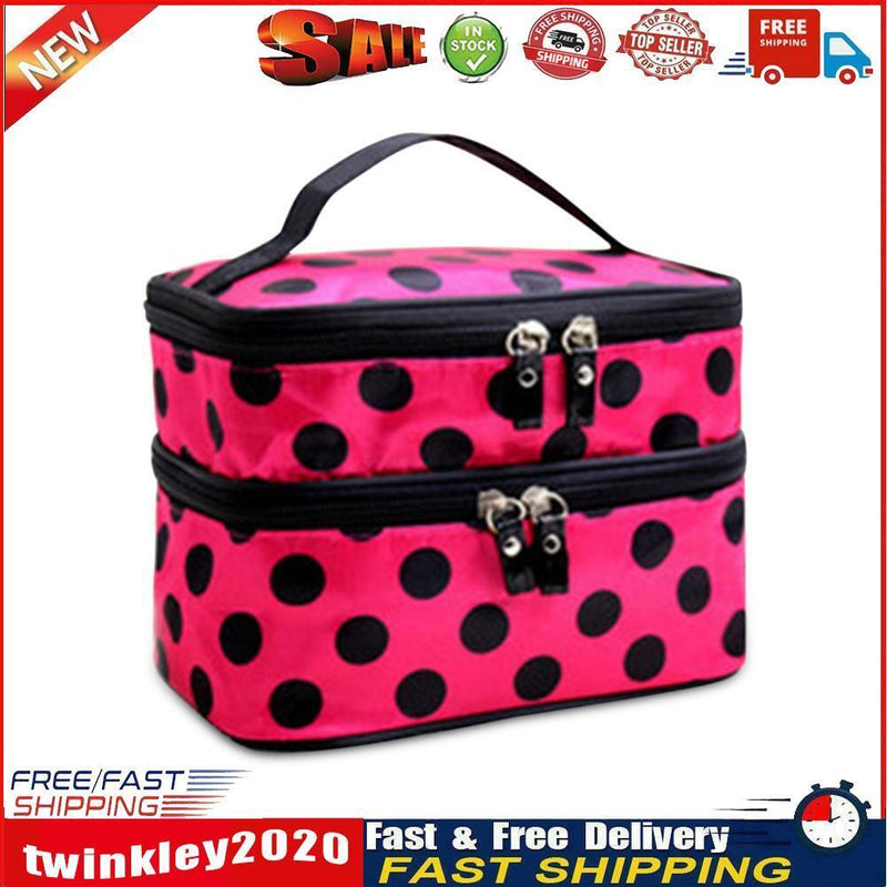 Double Layer Cosmetic Bag Travel Makeup Storage Case (Red+Black Dot) Newly