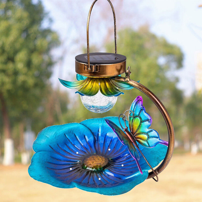 Metal Flower Solar Bird Feeder Lamp LED Light Outdoor Hanging Decorations