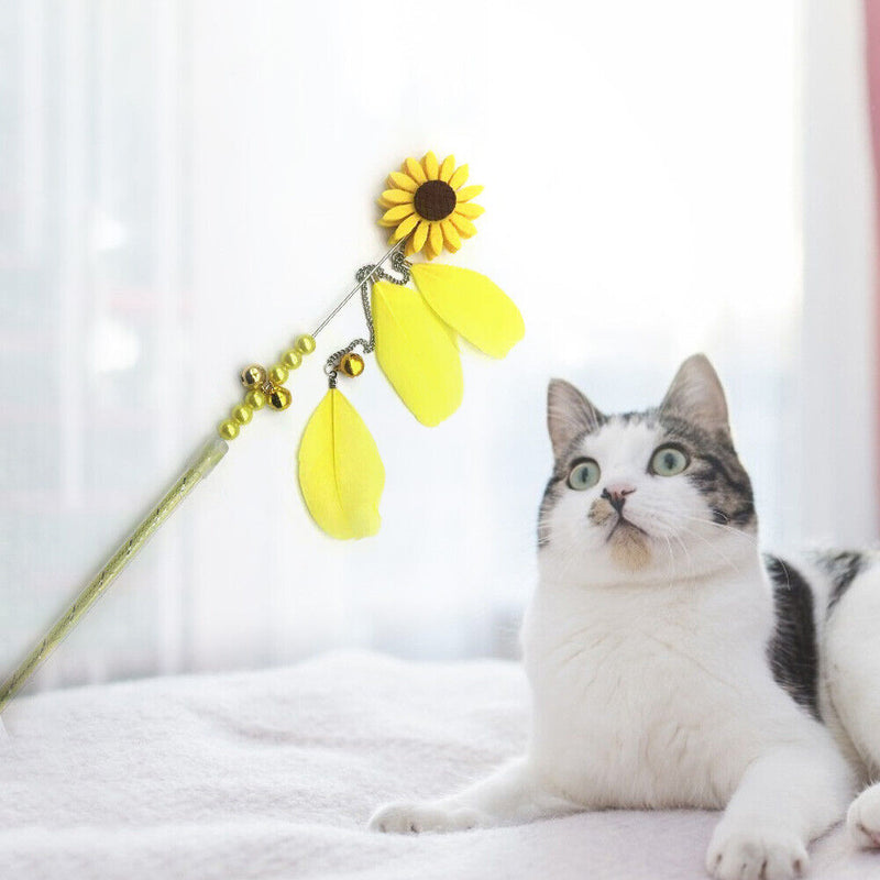 Feather Bell Daisy Chaser Wand Funny Kitten Cat Teaser Rod Interactive Stic