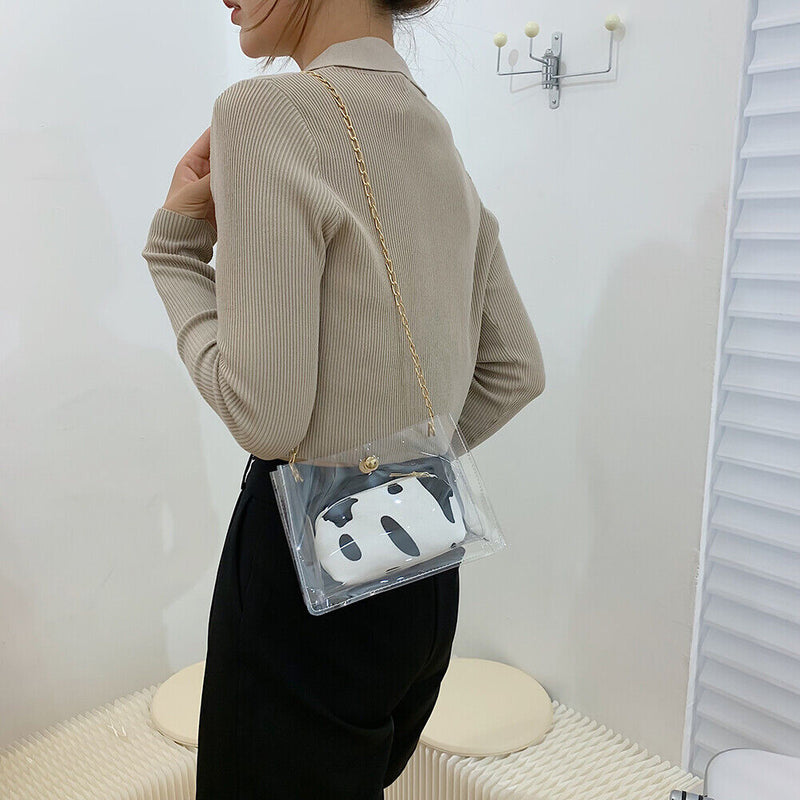#A 2pcs Transparent PVC Shoulder Bags Women Print Clear Chain Messenger Handba