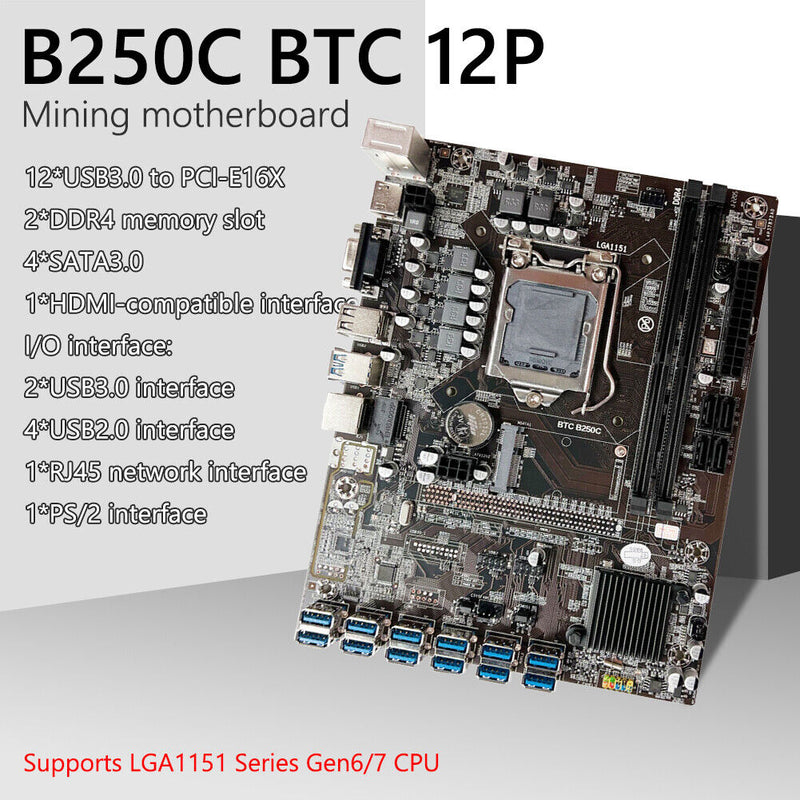 B250C BTC Mining Motherboard+SATA Switch Cable 12xPCIE To USB3.0 LGA 1151 Newly