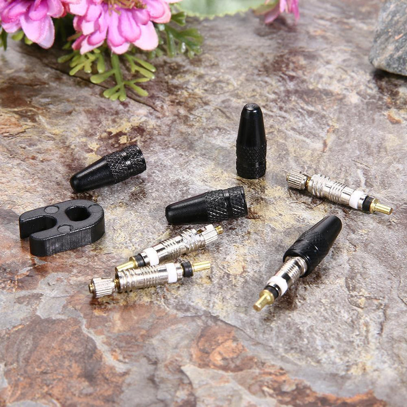 4pcs Presta Valve Stem Caps+ 4pcs Valve Cores+ Wrench Tool Kit (Black)