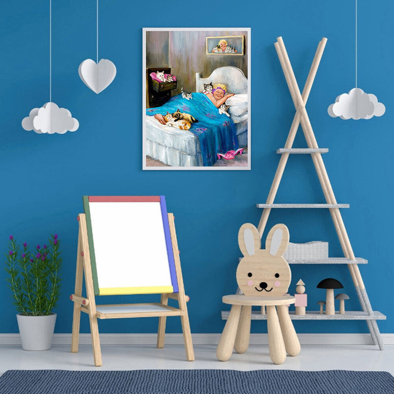 Granny and Cats Oil Paint By Numbers DIY Canvas Wall Picture Craft Home Decor