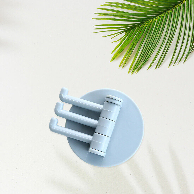 Bathroom Wall Hanging Rotatable 3 Hooks Adhesive Bracket Holder (Blue) Newly