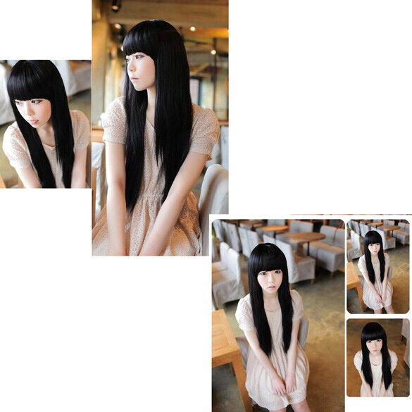 Addorable Girls Lady Long Straight Clip on Hair Extension Black Fiber 60c