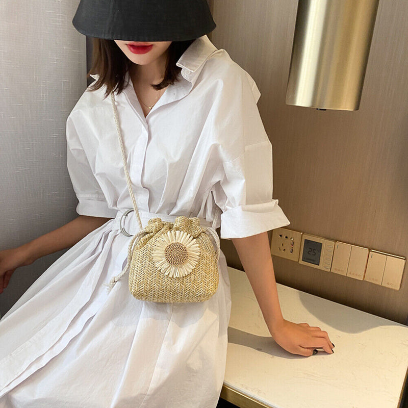 Women Straw Bucket Shoulder Bags Flower Drawstring Crossbody Pouch (Khaki)