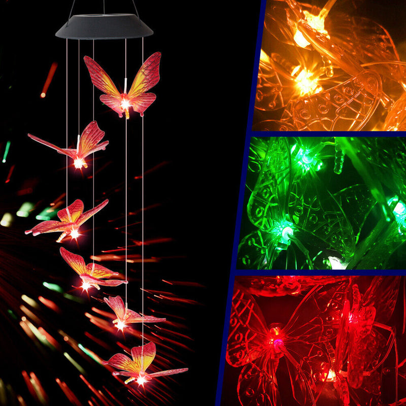 LED Solar Wind Chime Butterfly Light Color Changing IP65 Hanging Lamp (A) Newly