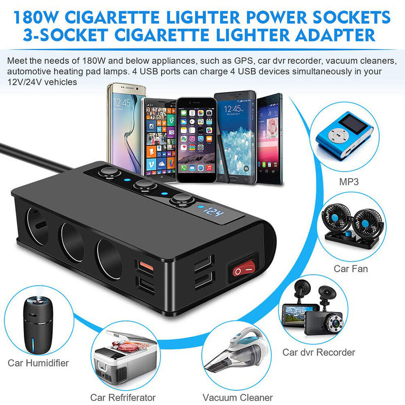 Cigarette Lighter 3 Socket 180W DC Power Adapter USB Car Charger (Black) Newly