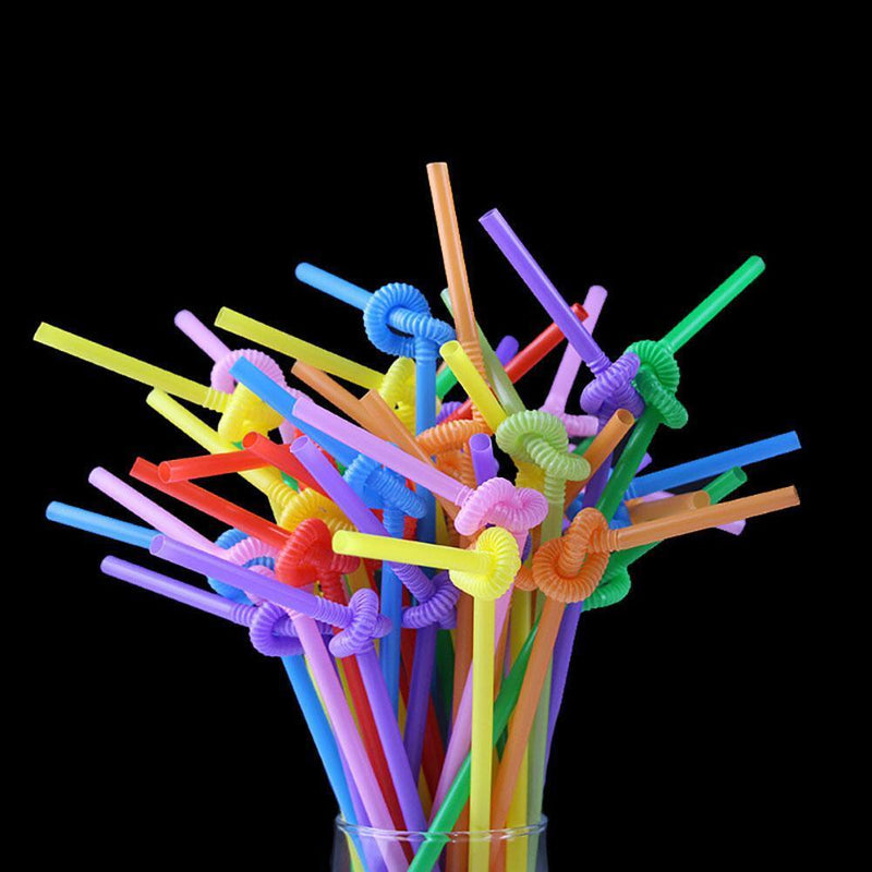 100pcs Disposable Safe Plastic Color Straw with Extendable Elbow Design