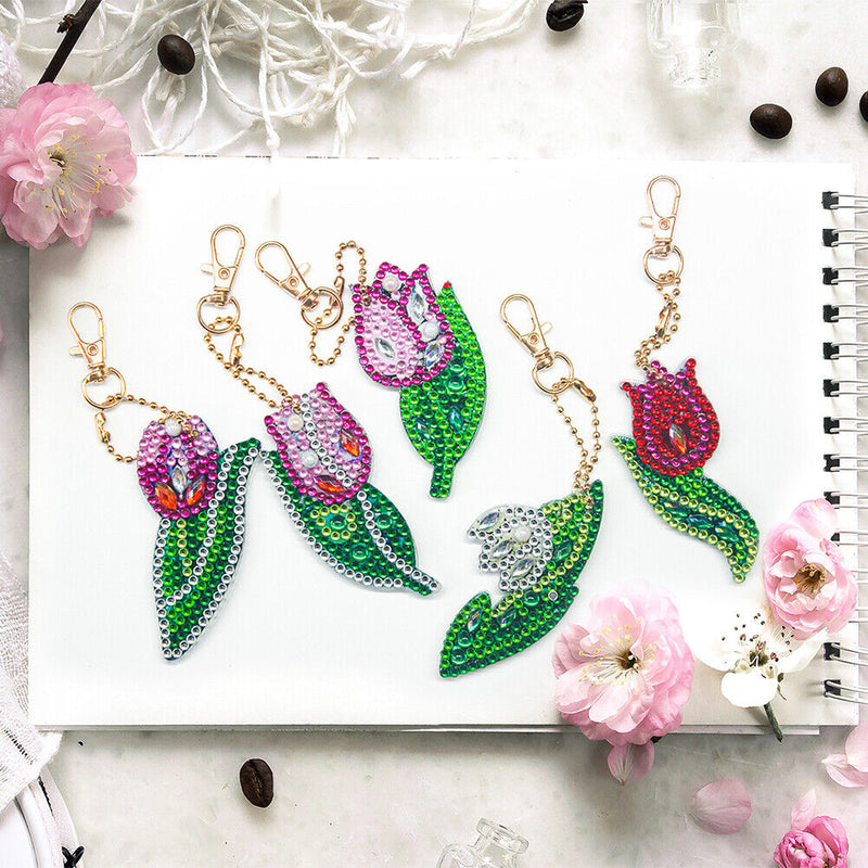 5pcs DIY Full Drill Special Shaped Diamond Painting Flower Key Ring Ornaments