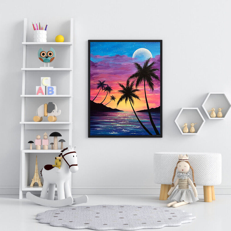 Frameless Oil Paint By Numbers DIY Beach Sunset Picture Craft Kit for Bedroom
