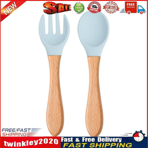 Baby Wooden Silicone Feeding Spoon Toddlers BPA-free Tableware (5) Newly