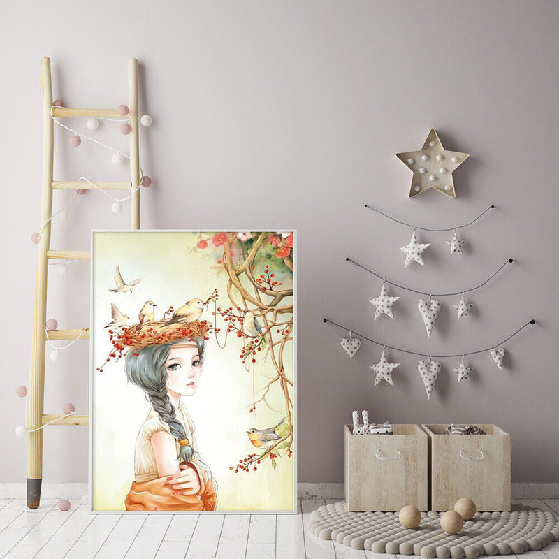 DIY Digital Oil Painting Kit Girl with Birds Abstract Acrylic Paint by Numbers