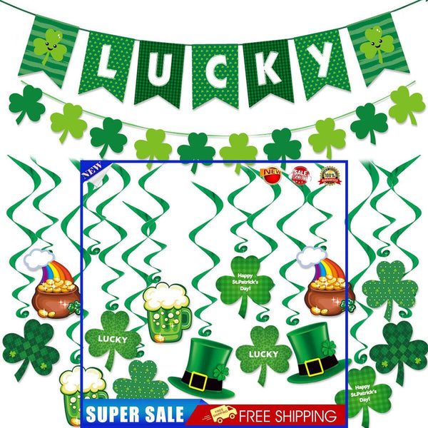 St Patricks Hanging Supplies Set Shamrock Lucky Garland Banner and Swirls