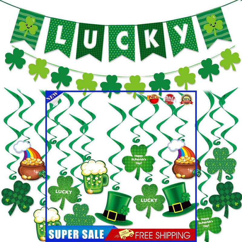 St Patricks Hanging Supplies Set Shamrock Lucky Garland Banner and Swirls