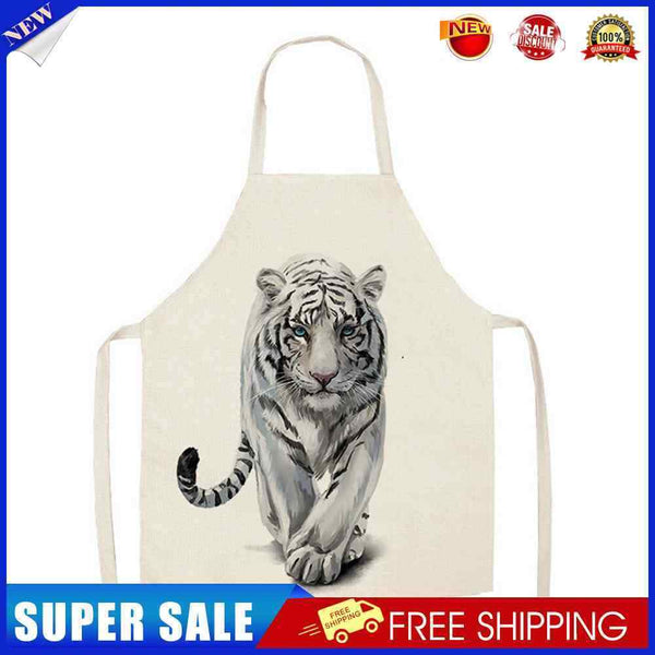 #A White Tiger Print Apron Linen Waterproof Cooking Bib Sleeveless Kitchen Oil