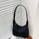 Women Nylon Solid Color Crescent Handbag Zipper Top-handle Bag (Black)