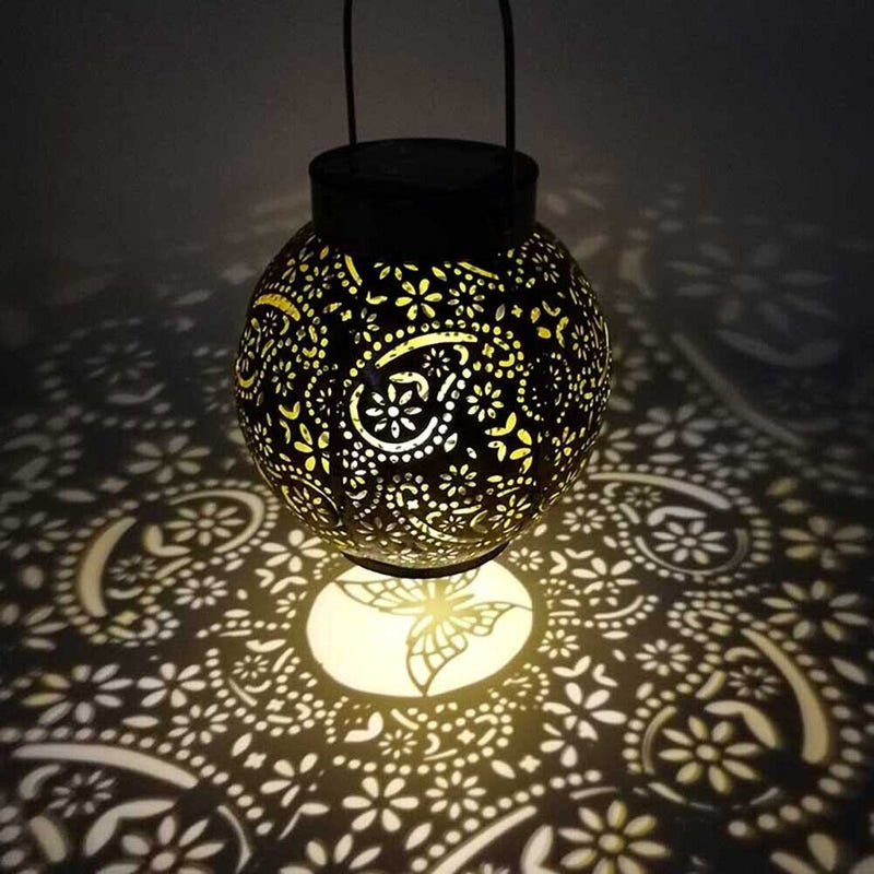 LED Solar Lantern Light Hollow Floral Projection Hanging Lamp Decor (Brown)