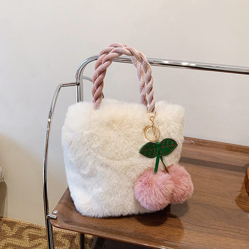 Women Soft Plush Female Cute Shopping Bags Cherry Bags Handbags Totes