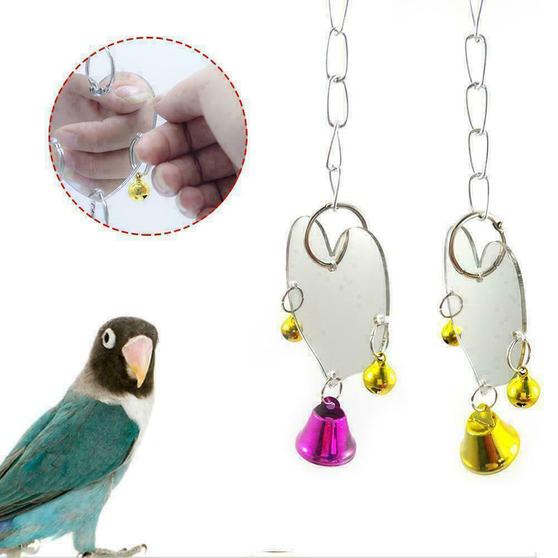 Pet Parrot Bird Heart Shape Mirror Toys Bell Swing Hanging D1C3 Cage M4A9