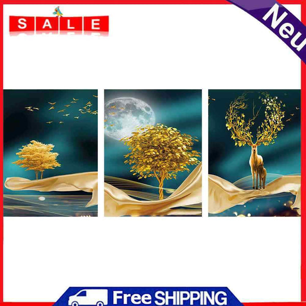 Canvas Paint By Numbers Golden Deer 3 Panel Oil Hand Painted Home Drawing Kit