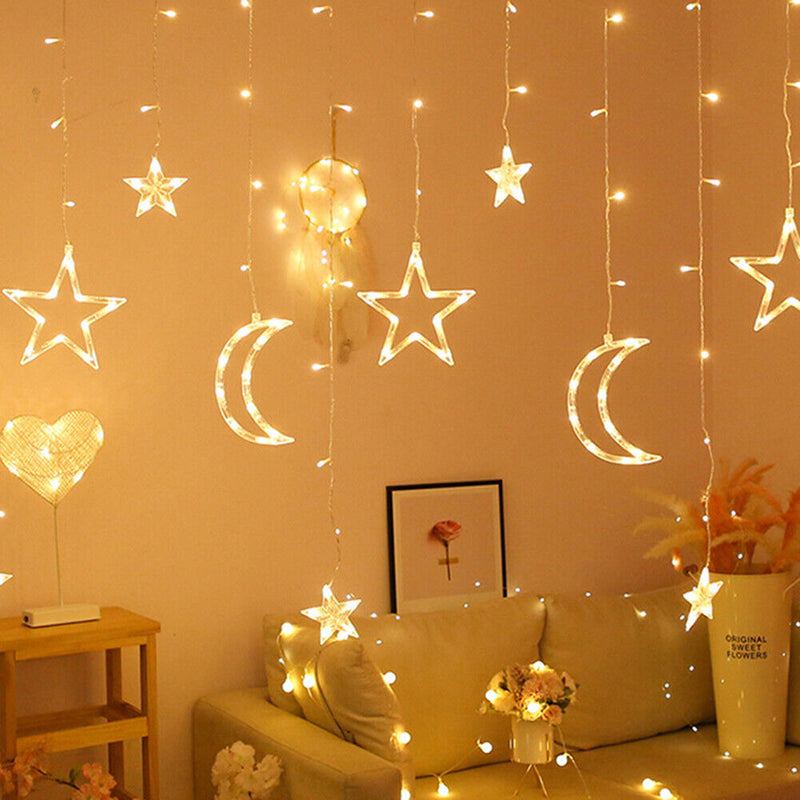 LED Star Moon Curtain Lamp Fairy String Light Festival Home Decor (White) Newly