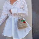 Female Pure Braided Messenger Purse Casual Cherry Handmade Straw Shoulder Bag