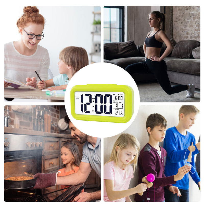 Temperature Alarm Clock LED Digital Backlight Calendar Snooze Clock (Green)