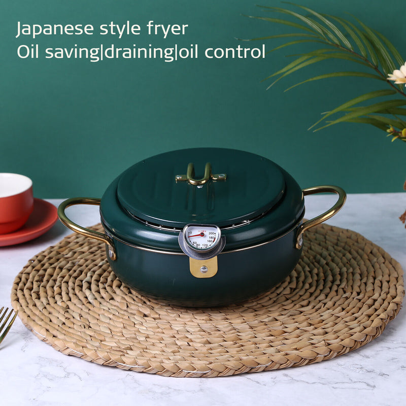 Deep Fryer Pot Stainless Steel Tempura Pot with Thermometer (24cm Green)