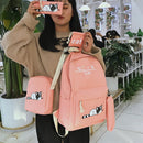 5pcs/set Cute Cat Canvas Bags Travel Backpack Shoulder Clutch Bag (Pink)